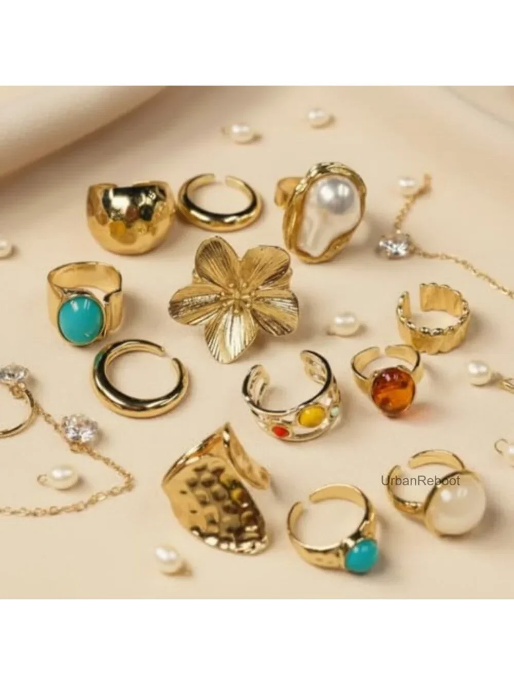 Chunky Gold Rings for Women Non Tarnish, Baroque Pearl Flower Tiger's Eye Stone
