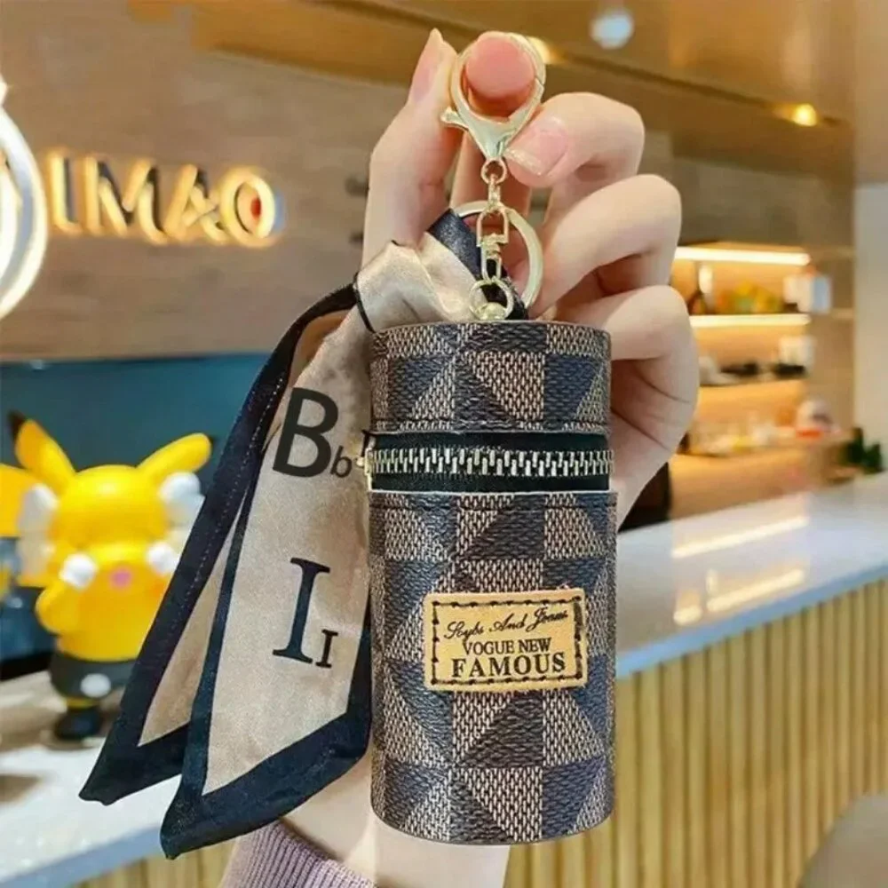 Mini Bag Charm Keychain Checkered Lipstick Earbuds Holder Scarf Zipper Pouch