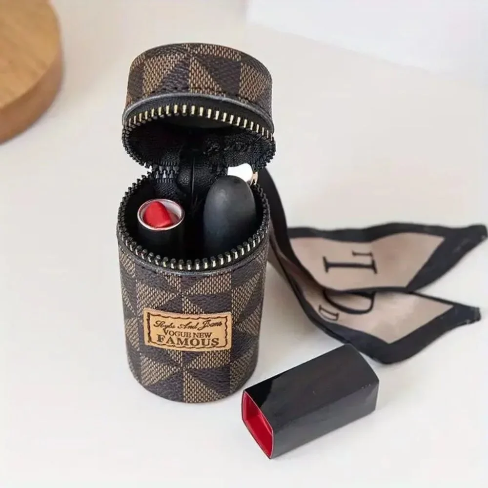 Mini Bag Charm Keychain Checkered Lipstick Earbuds Holder Scarf Zipper Pouch