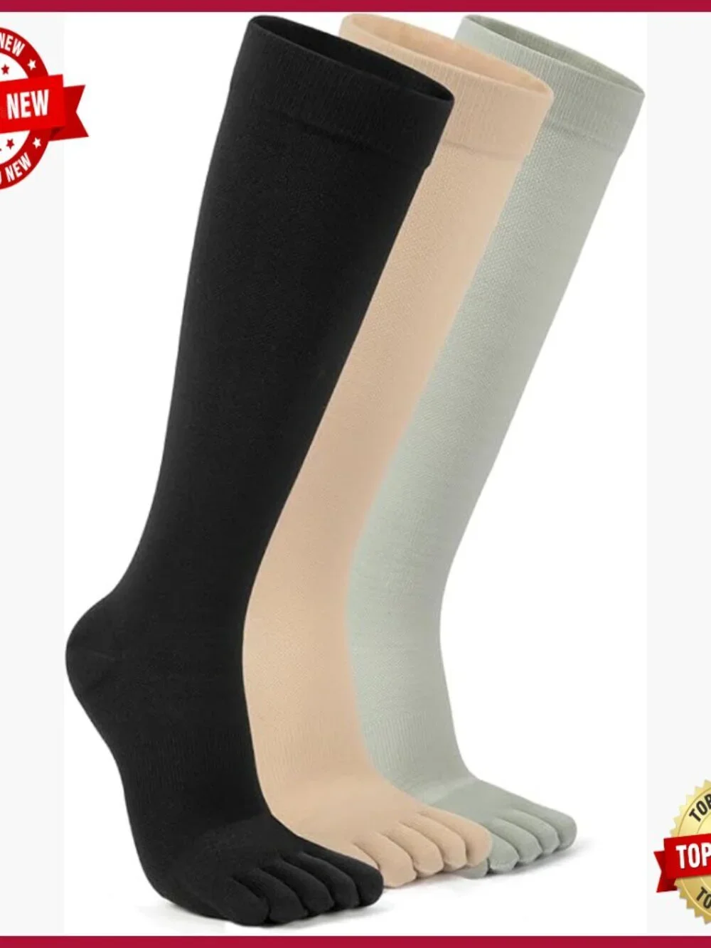 3 Pairs Knee High Toe Socks with Separate Toe Design