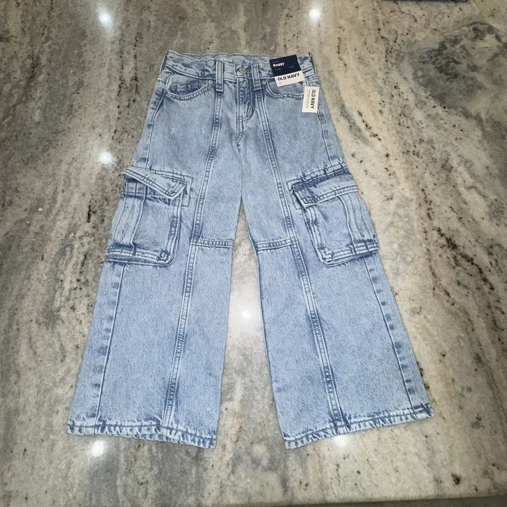 NWT Old Navy Girls Sz 6 Baggy Cargo Jeans Wide Leg High Rise Skater Light‎ Wash
