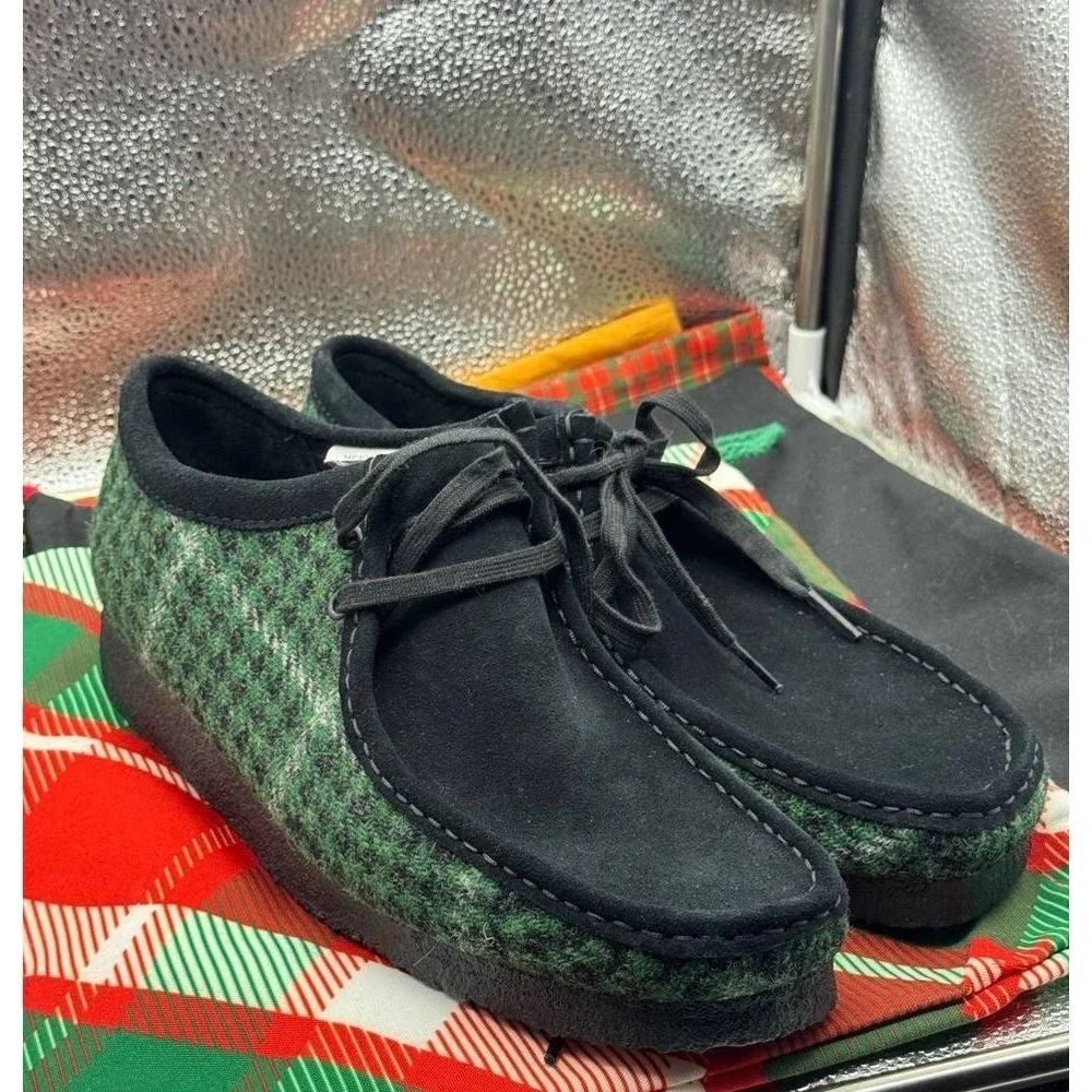 Clarks Originals Wallabee Shoes Mens‎ 10 Green Wool Houndstooth Plaid Tweed