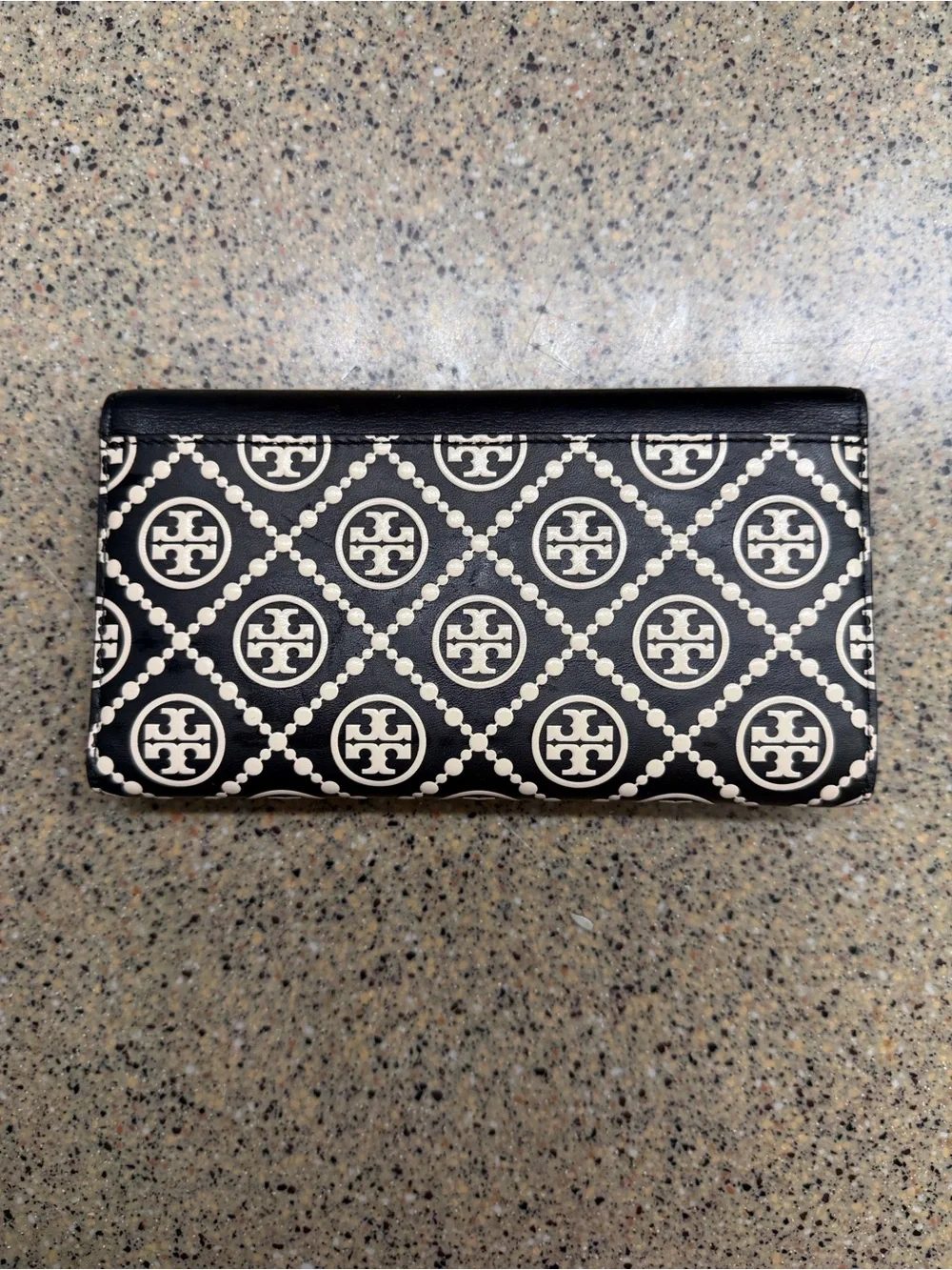 Tory Burch Black and Cream Logo Continental Wallet with Gold Snap