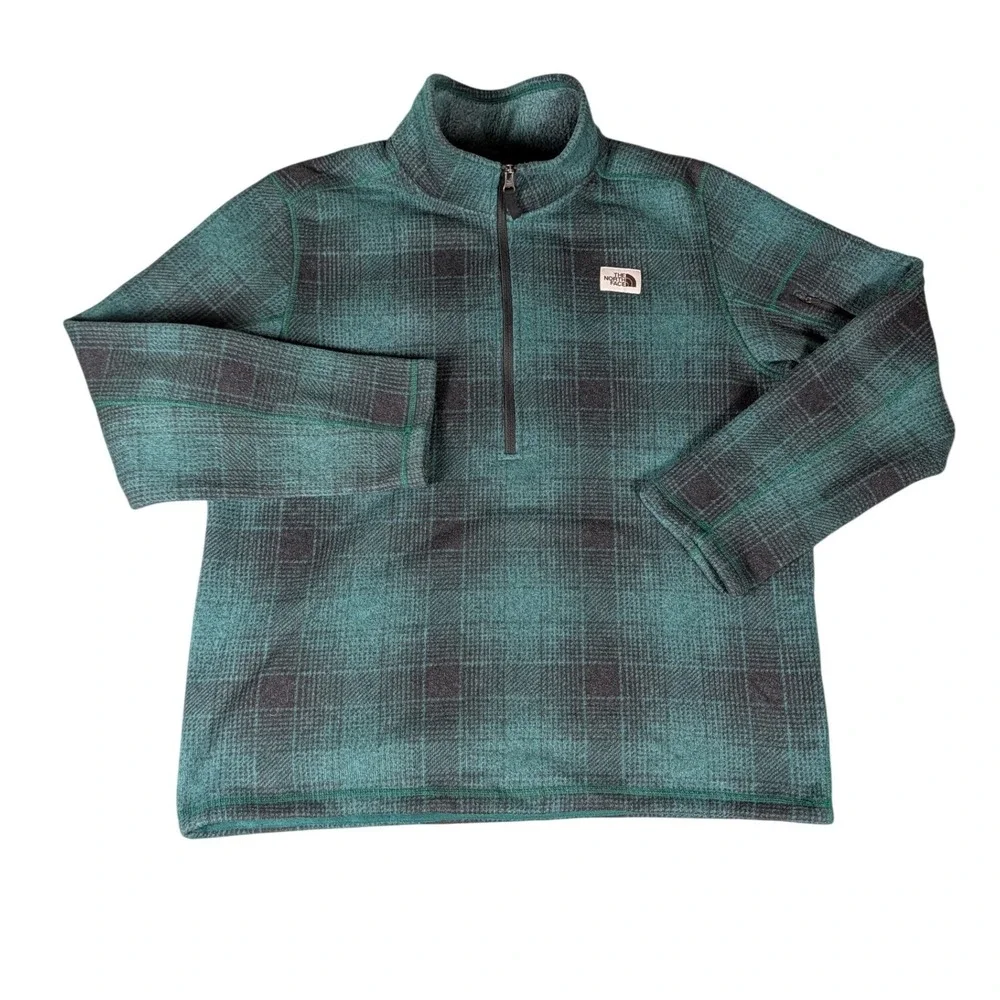The North Face Mens Green Black Plaid Fleece Quarter Zip Pullover XL