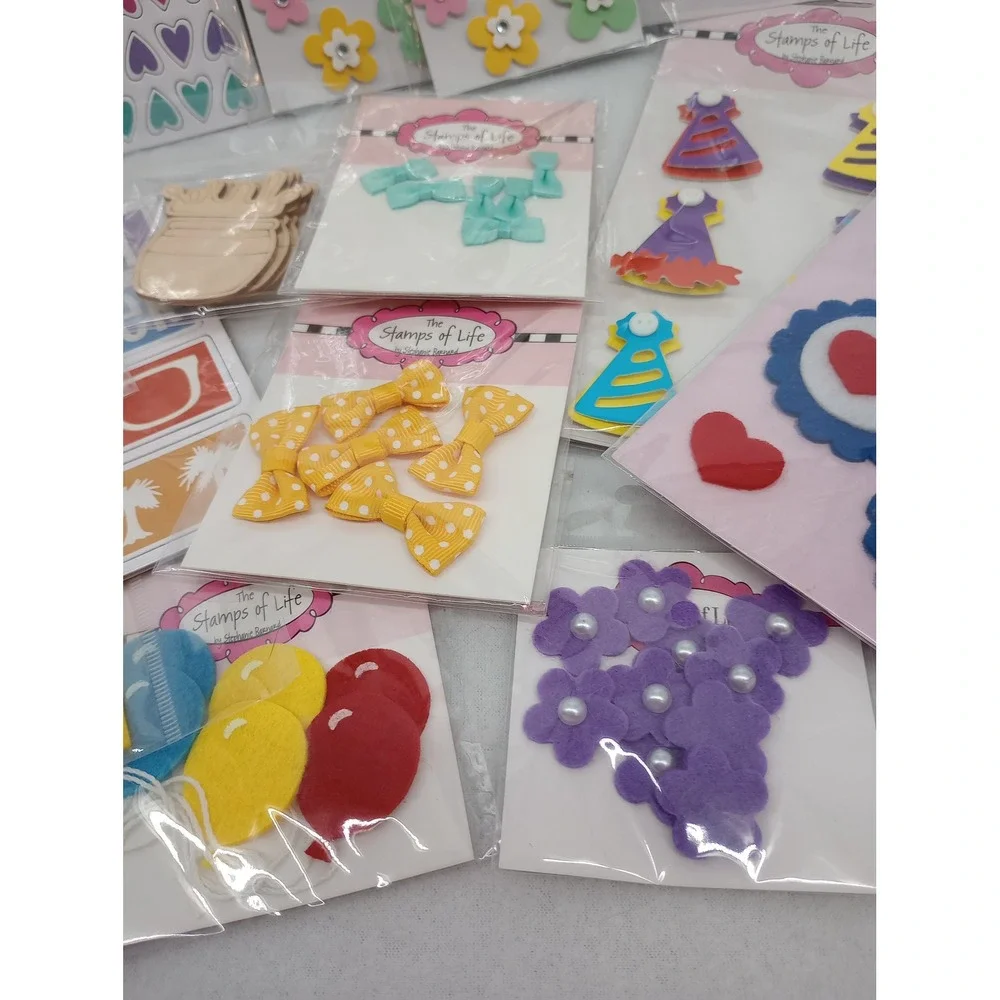 Stamps of Life Craft Embellishment Lot Multicolor Stickers Bows Felt Chipboard