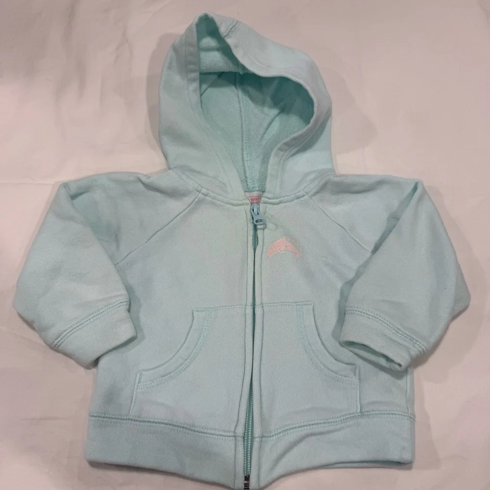 Y2K Old Navy Light Blue/Aqua Kids Hoodie with Pink Dolphin Size 12-18 Months