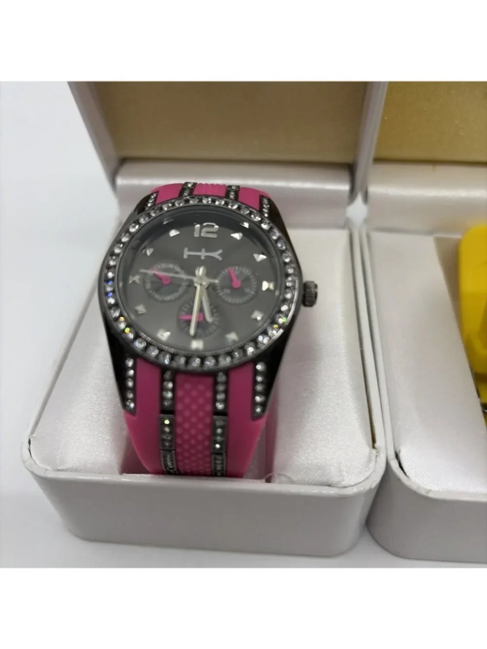 Heidi Klum Wildlife Lot 2 Women's Rhinestone Crystal Watches Pink Yellow Silicon