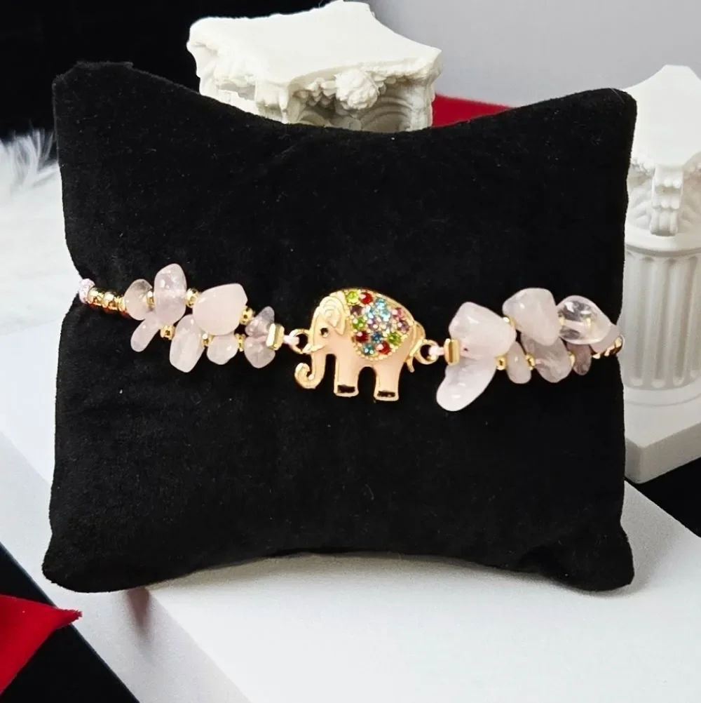 Rose Quartz Crystal Beaded Elephant Bracelet Adjustable String Gold Enamel Charm