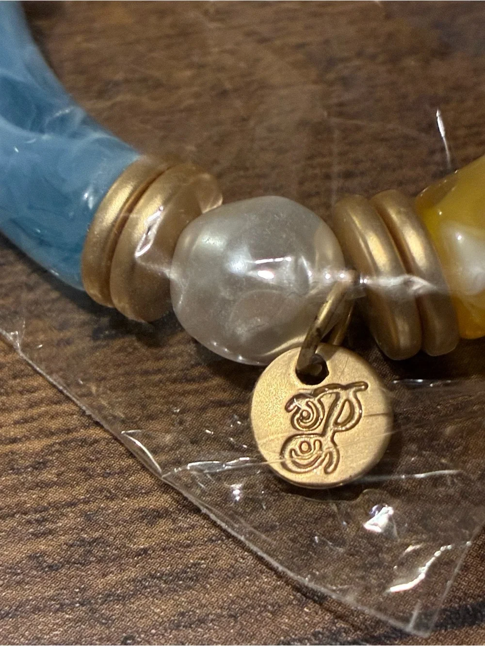 Blue and Yellow Resin Pearl Bracelet with Matte Gold Accents