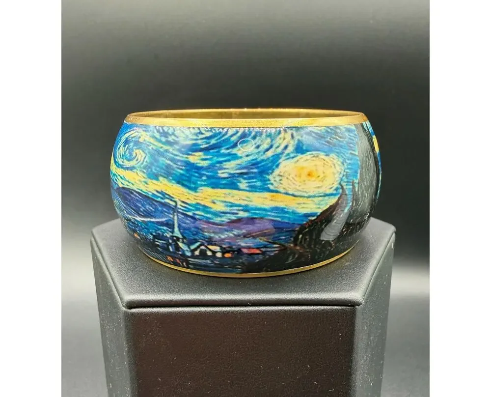 Vintage Vincent van Gogh 'The Starry Night' Gold Tone Metal Bangle Bracelet
