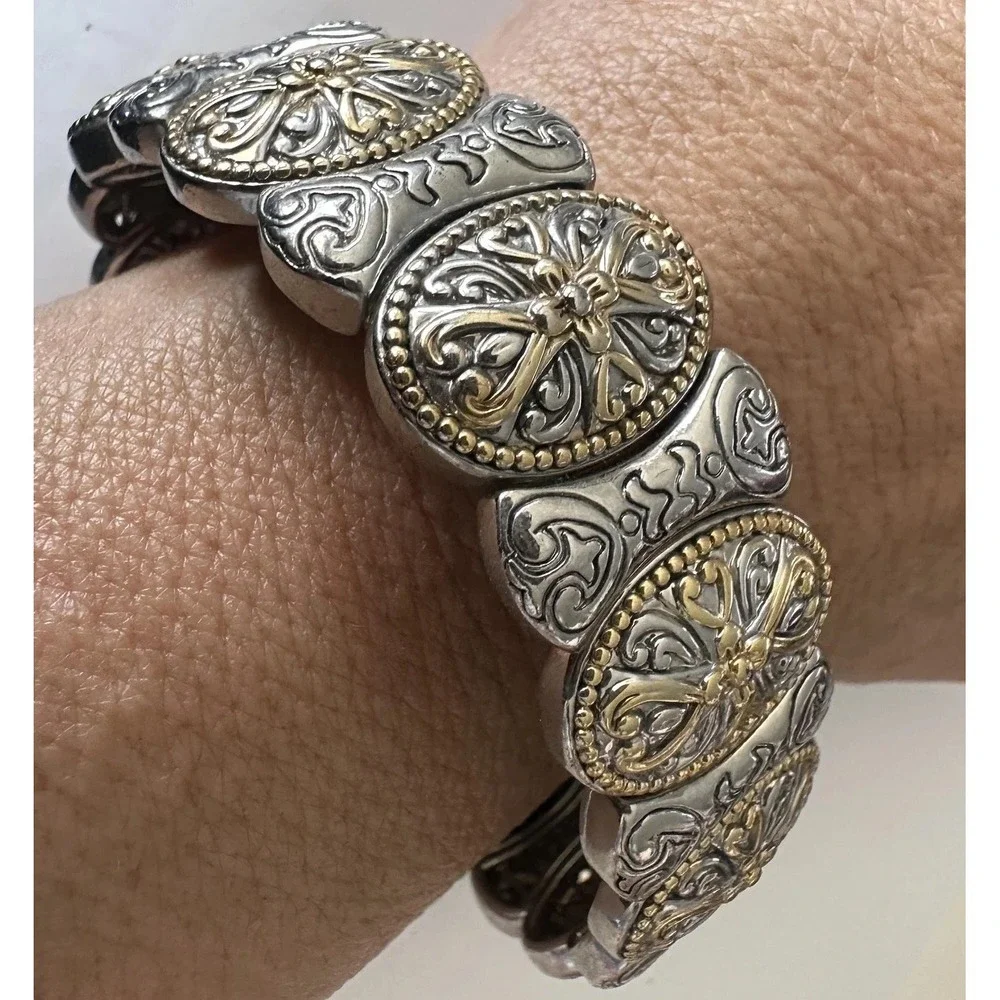 Silver Tone Gold‎ Cross Panel Bangle Bracelet Womens 8 Inch Religious Statement