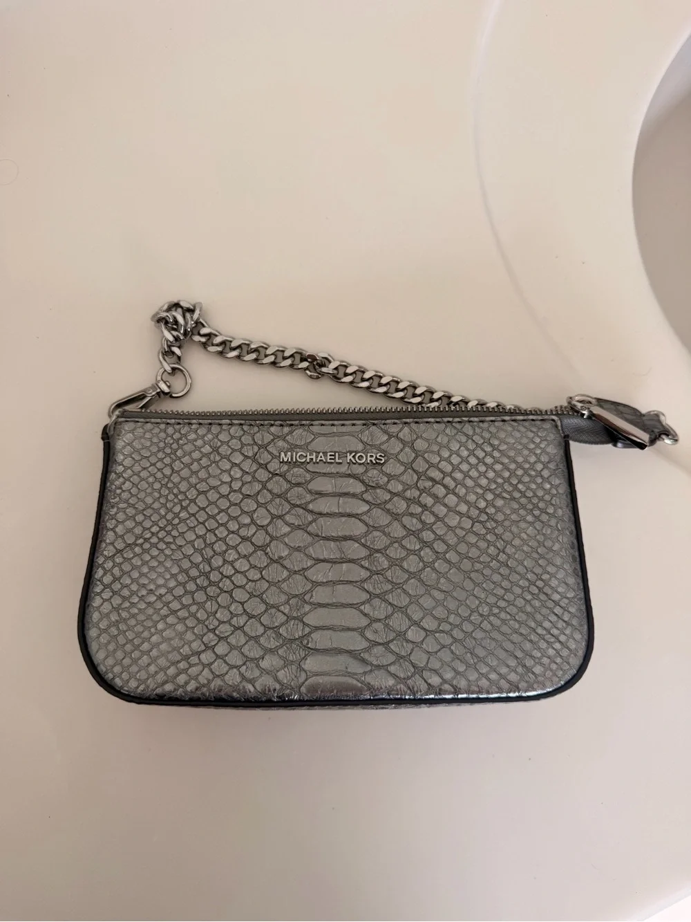 Michael Kors Metallic Silver Embossed Snake-Effect Wristlet