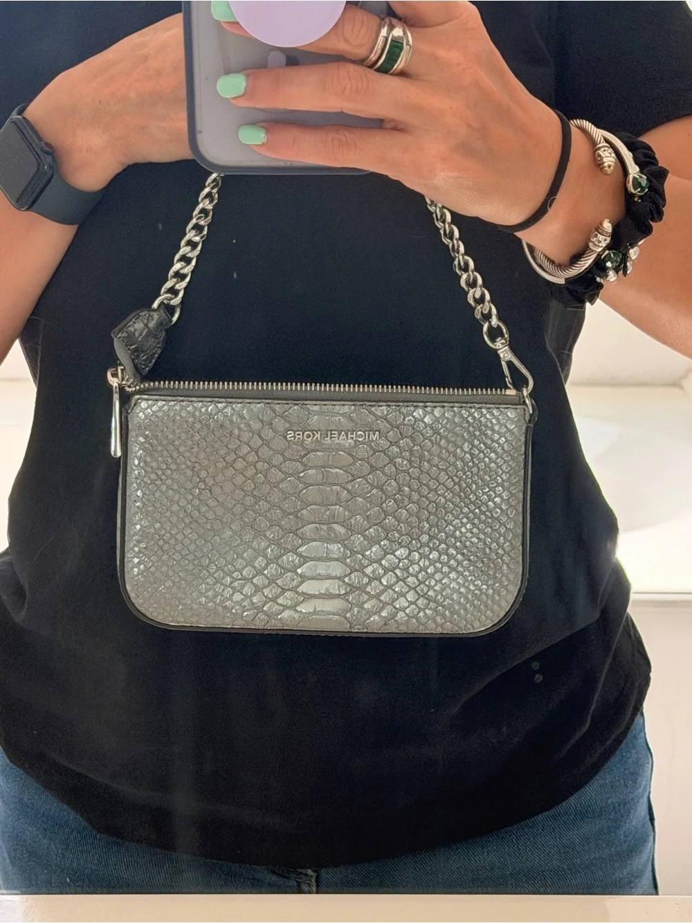 Michael Kors Metallic Silver Embossed Snake-Effect Wristlet