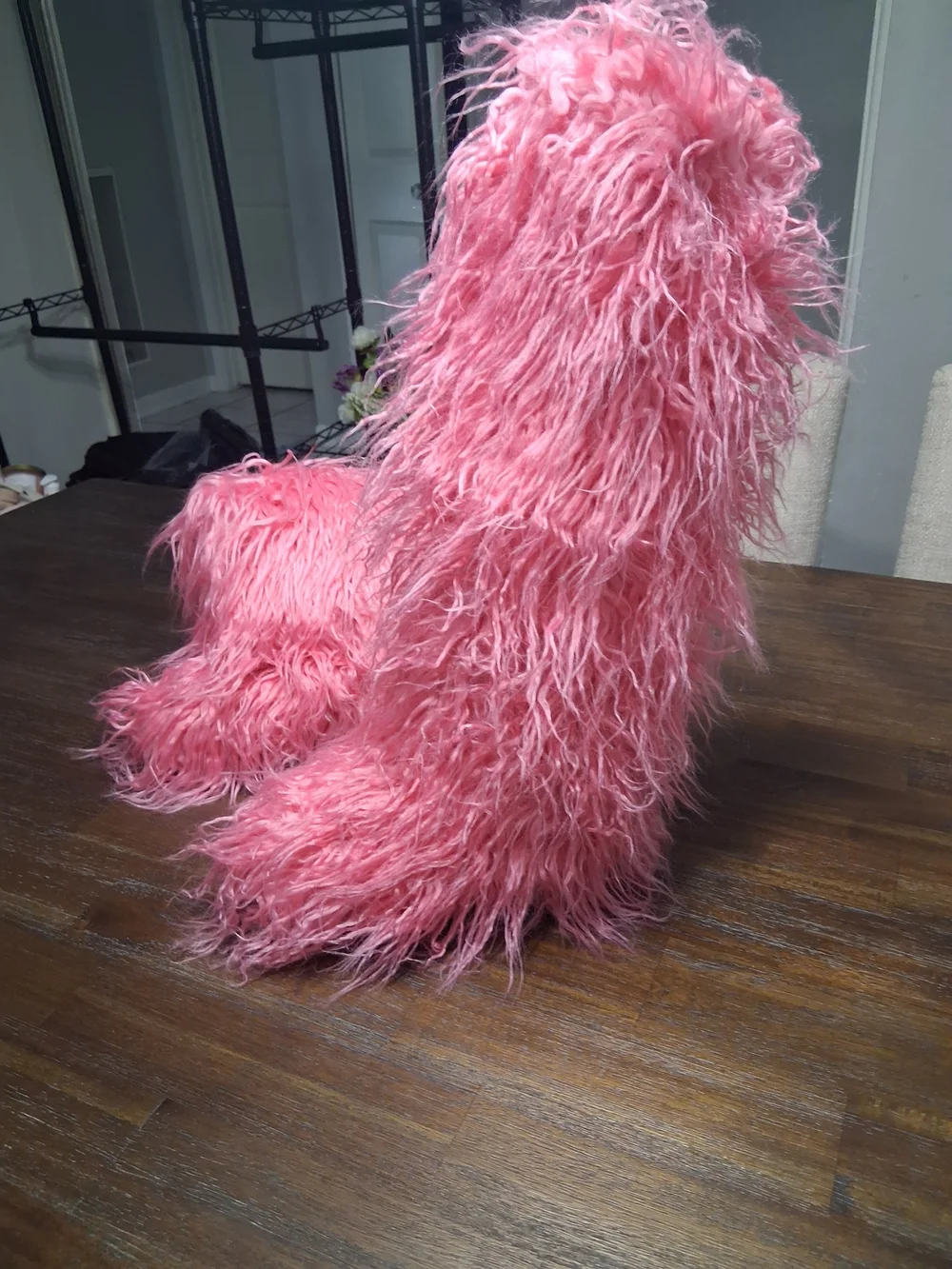 Pink Faux Fur Knee-High Boots