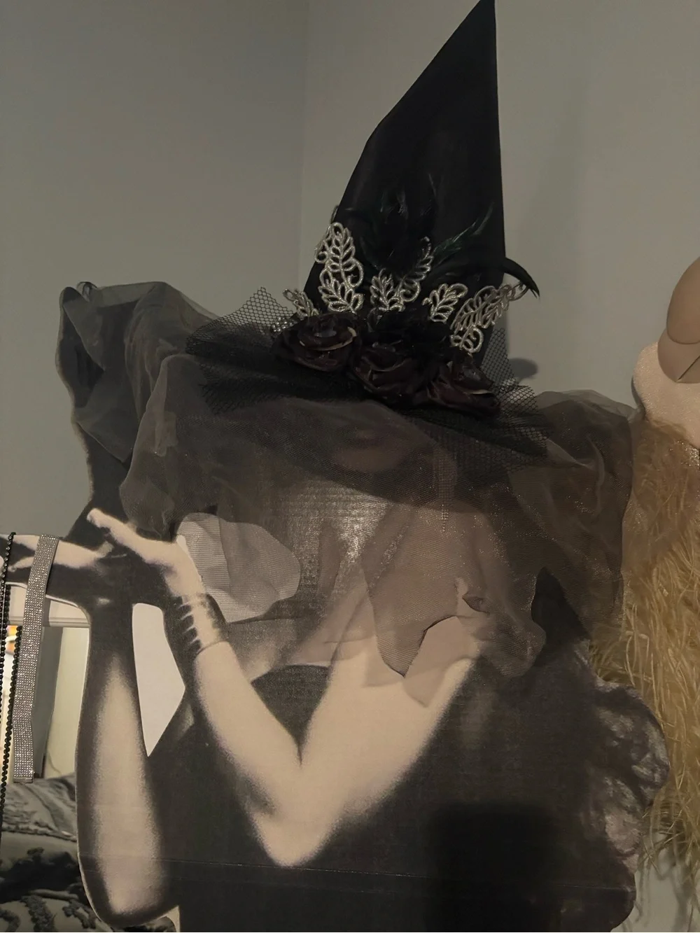Elegant Black Witch Hat with Veil and Floral Accents unique embellishments