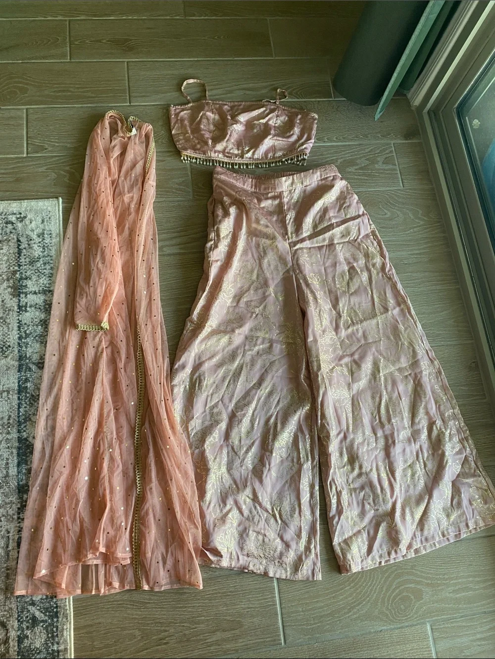 Blush Pink Wide-Leg Palazzo Pants with Coordinating Crop Top Set