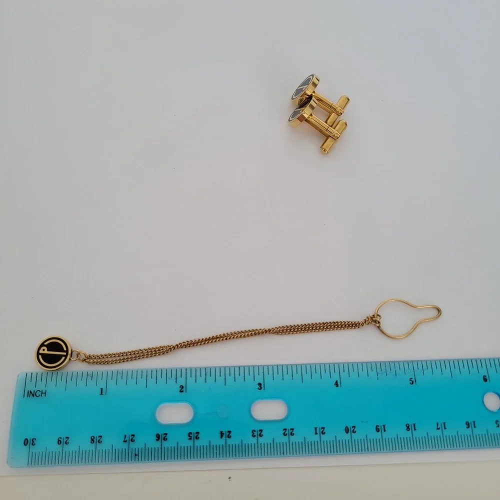 Dunhill Vintage Cufflinks and Tie Chain Set Gold Tone Black Enamel d Logo