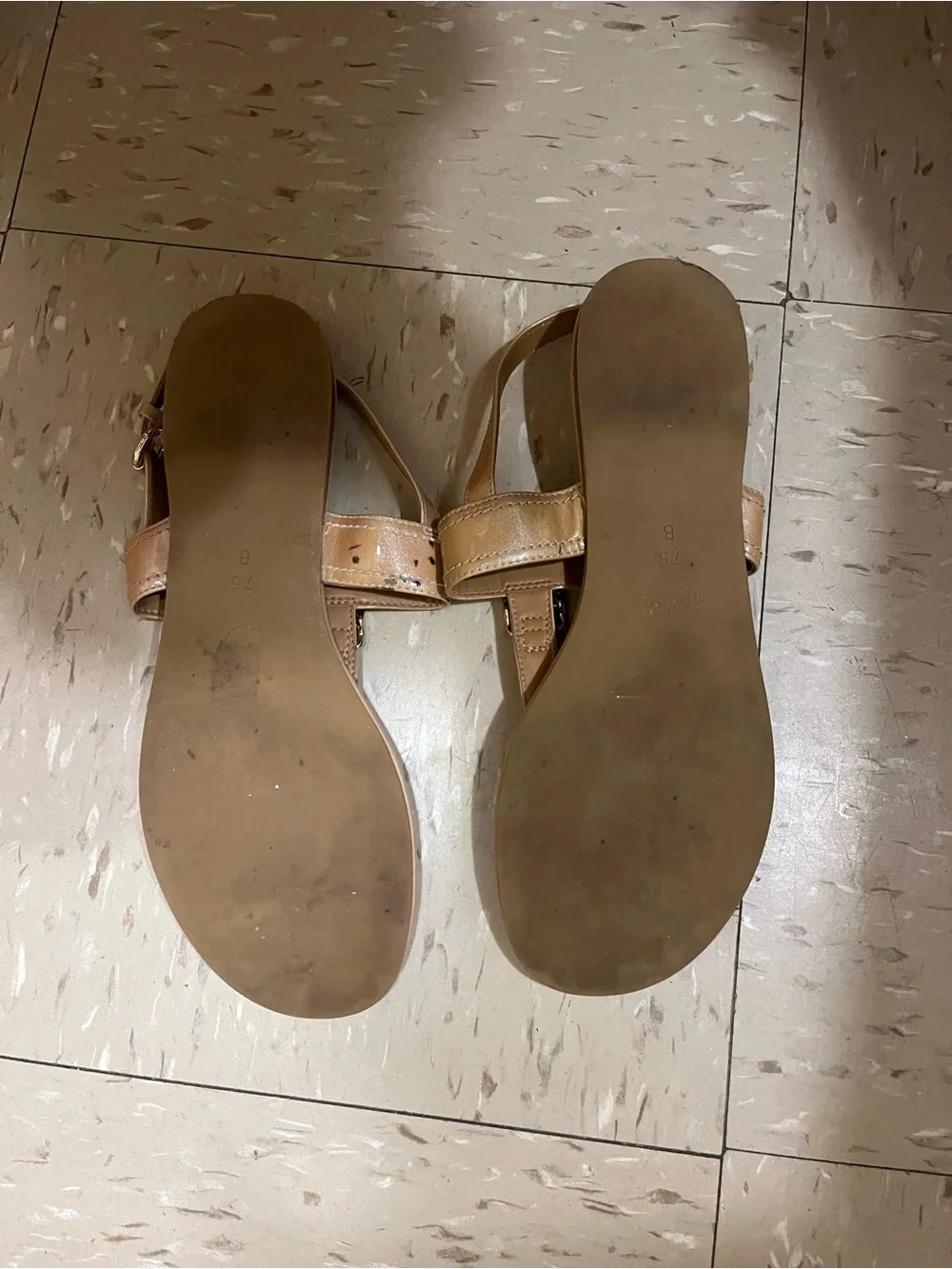 Coach Tan Leather Buckle Thong Sandals with Gold Accents