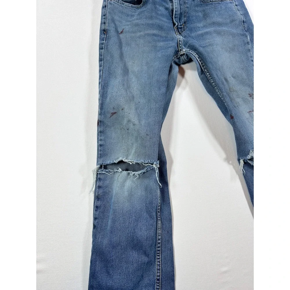 Levis 514 Straight Fit Distressed Blue Jeans 29x30 Splatter Paint Blown Out Knee