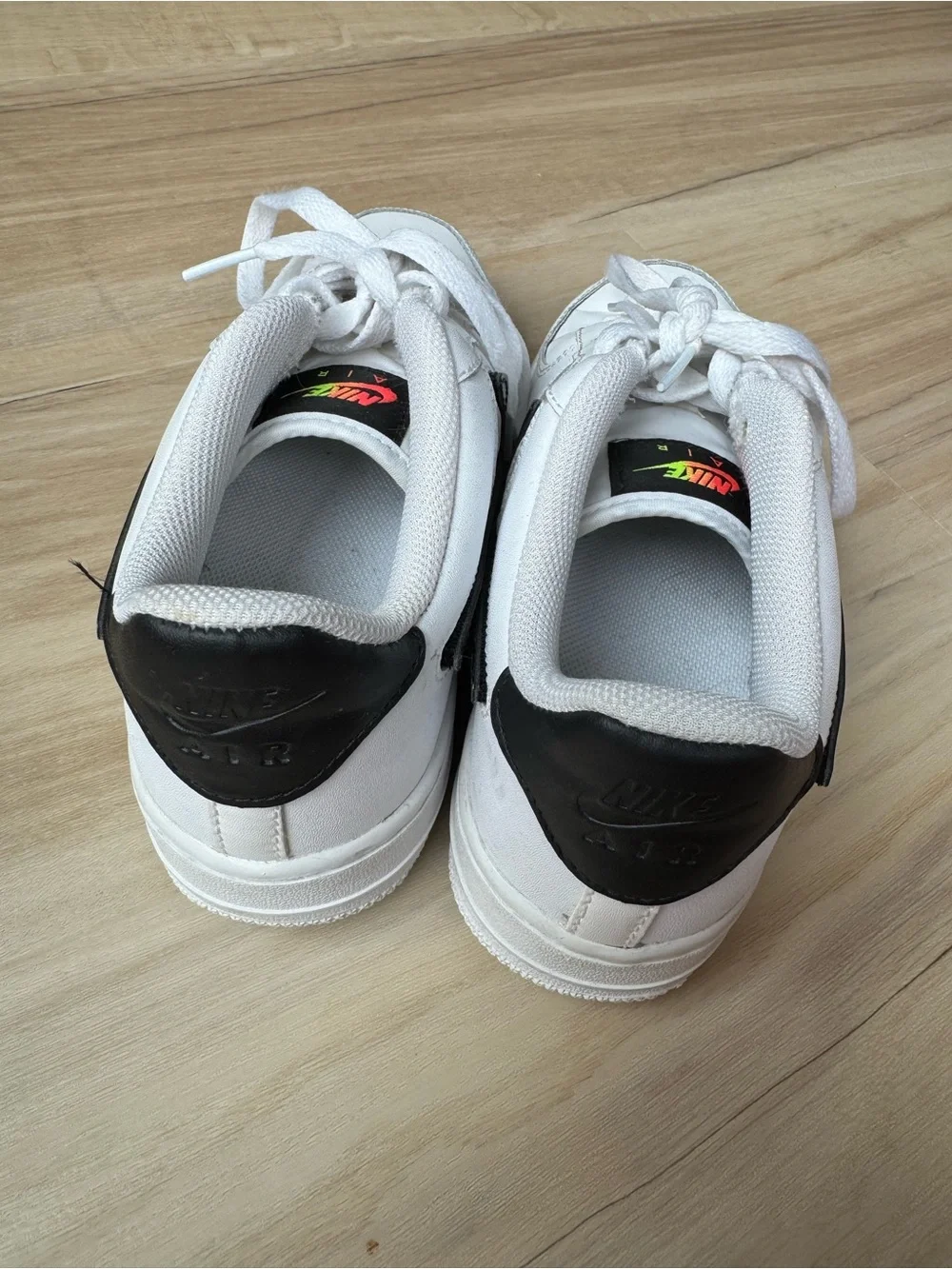 Nike White Kids Air Force 1 Sneakers with Black Swoosh Velcro logos