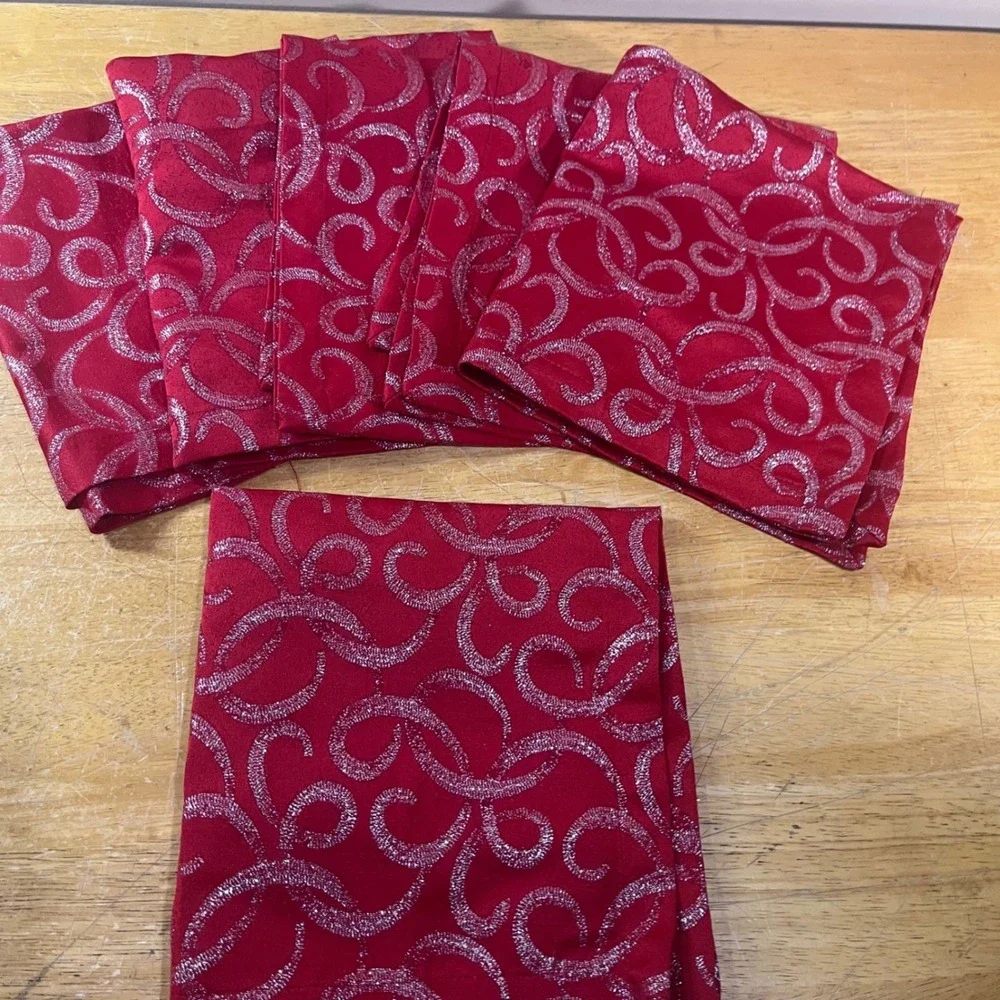 Waterford Napkins 6pc 21x21 Red Silver Excellent Vtg Glitter Scroll Metallic