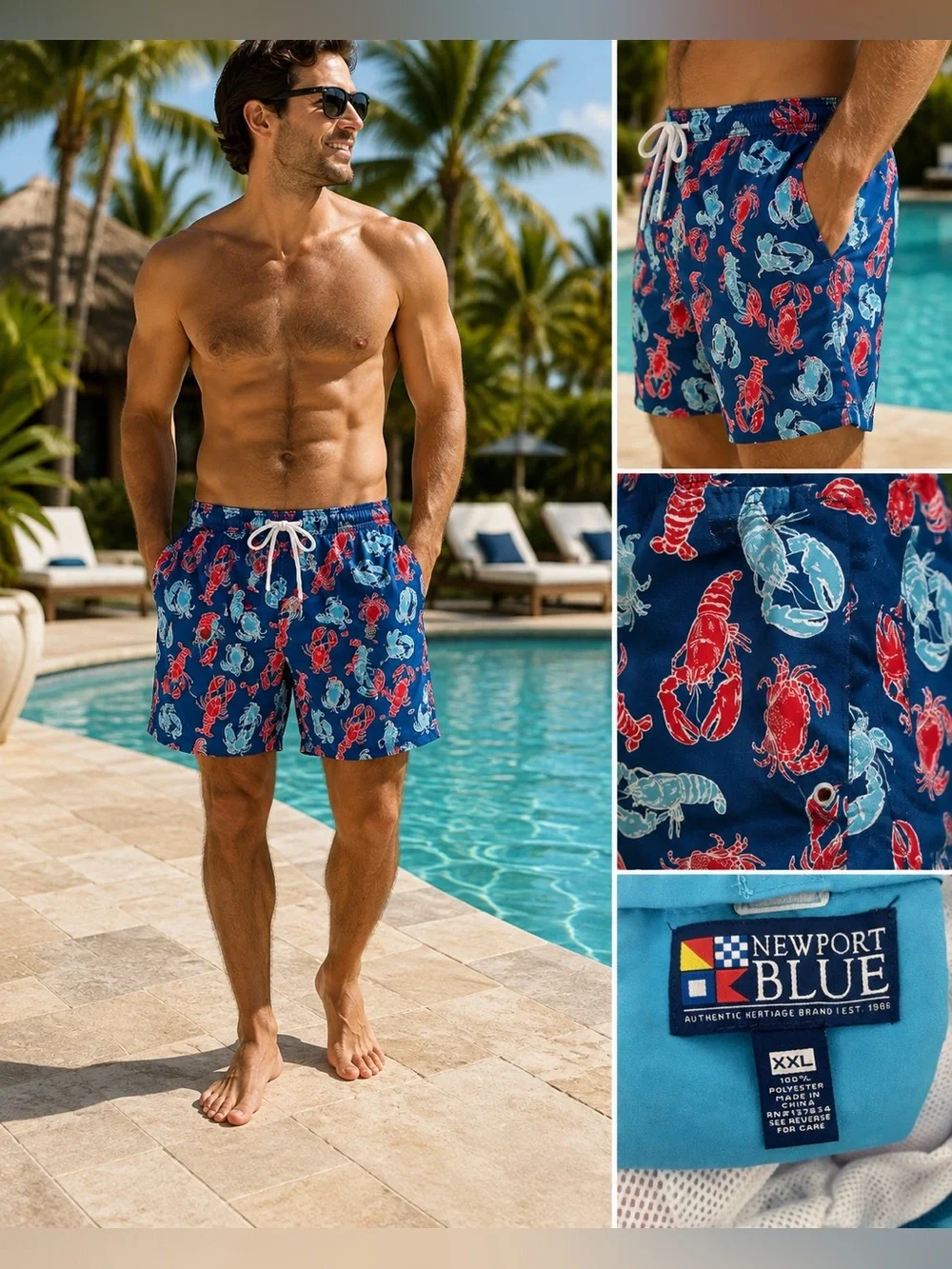 Newport Navy Swim Board Shorts with Red & Light Blue Lobster Print
