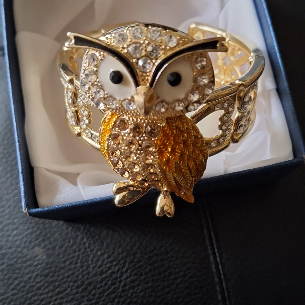 Gold and Diamond Owl Brooch and Bracelet Set