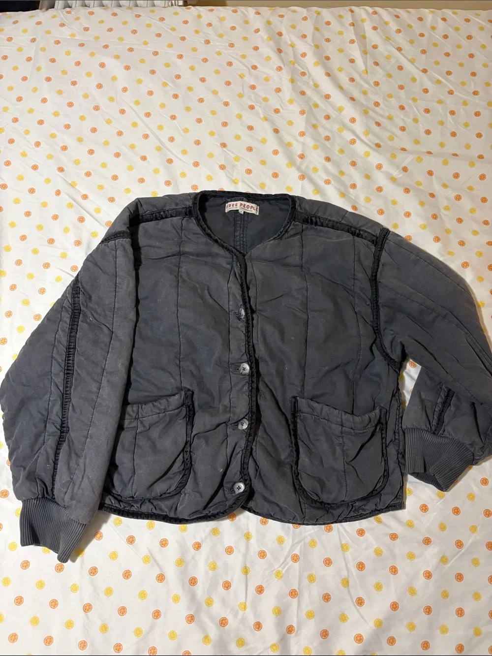 Free People Black Quilted Button-Down Puff Jacket