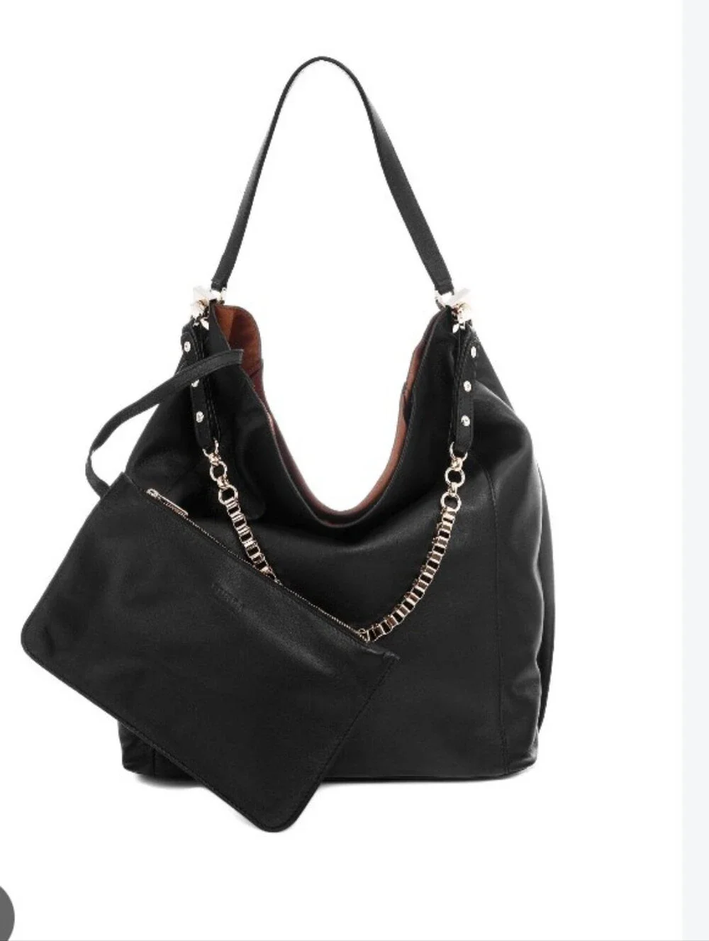 Furla Minerva Hobo Black/ Blue Leather Shoulder Bag with Gold Chain Accent