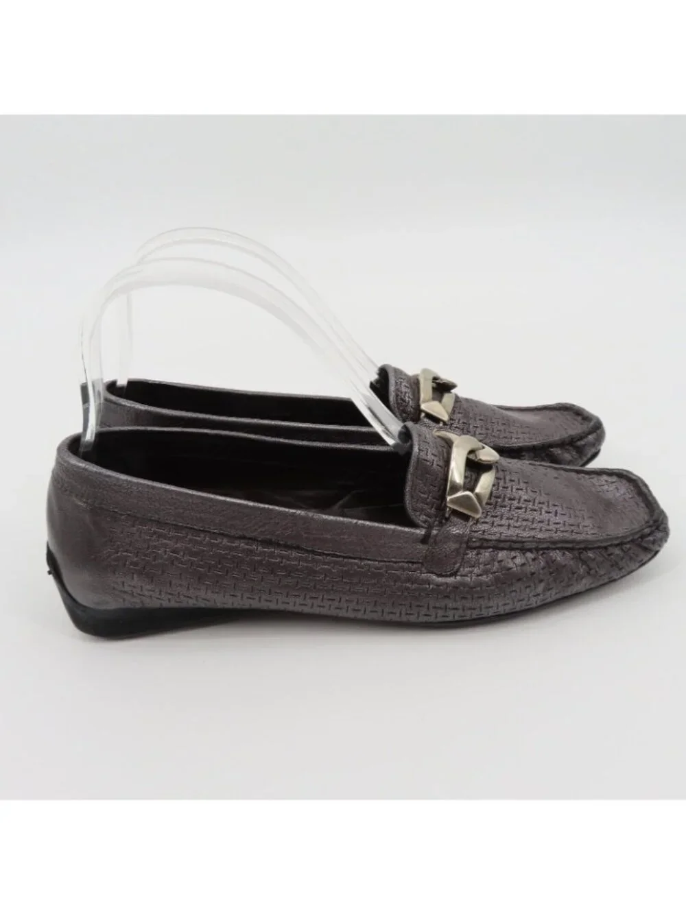 Stuart Weitzman 9.5 SS Pewter Silver Textured Chain Square Toe Loafers Flats