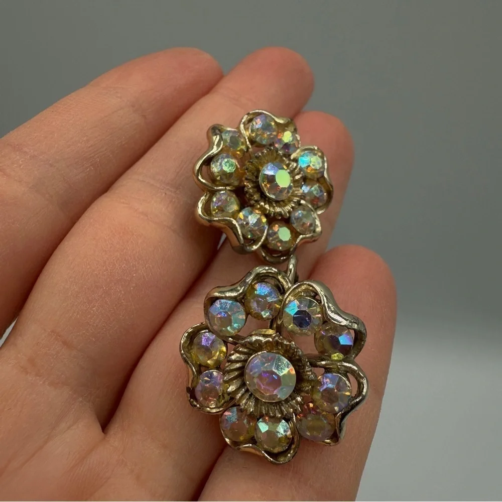 Vintage 1950s Coro Signed AB Floral Crystal Rhinestone Clip On Earrings