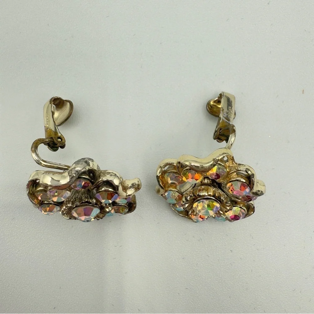 Vintage 1950s Coro Signed AB Floral Crystal Rhinestone Clip On Earrings