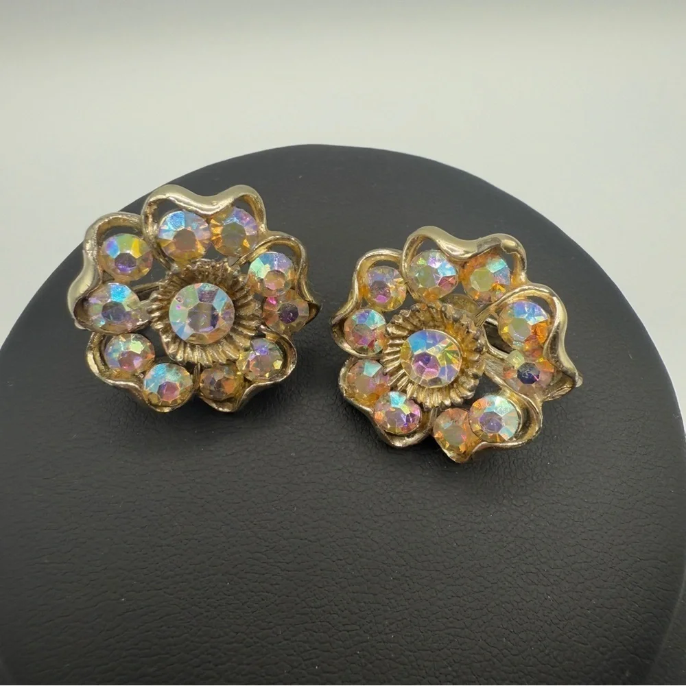 Vintage 1950s Coro Signed AB Floral Crystal Rhinestone Clip On Earrings