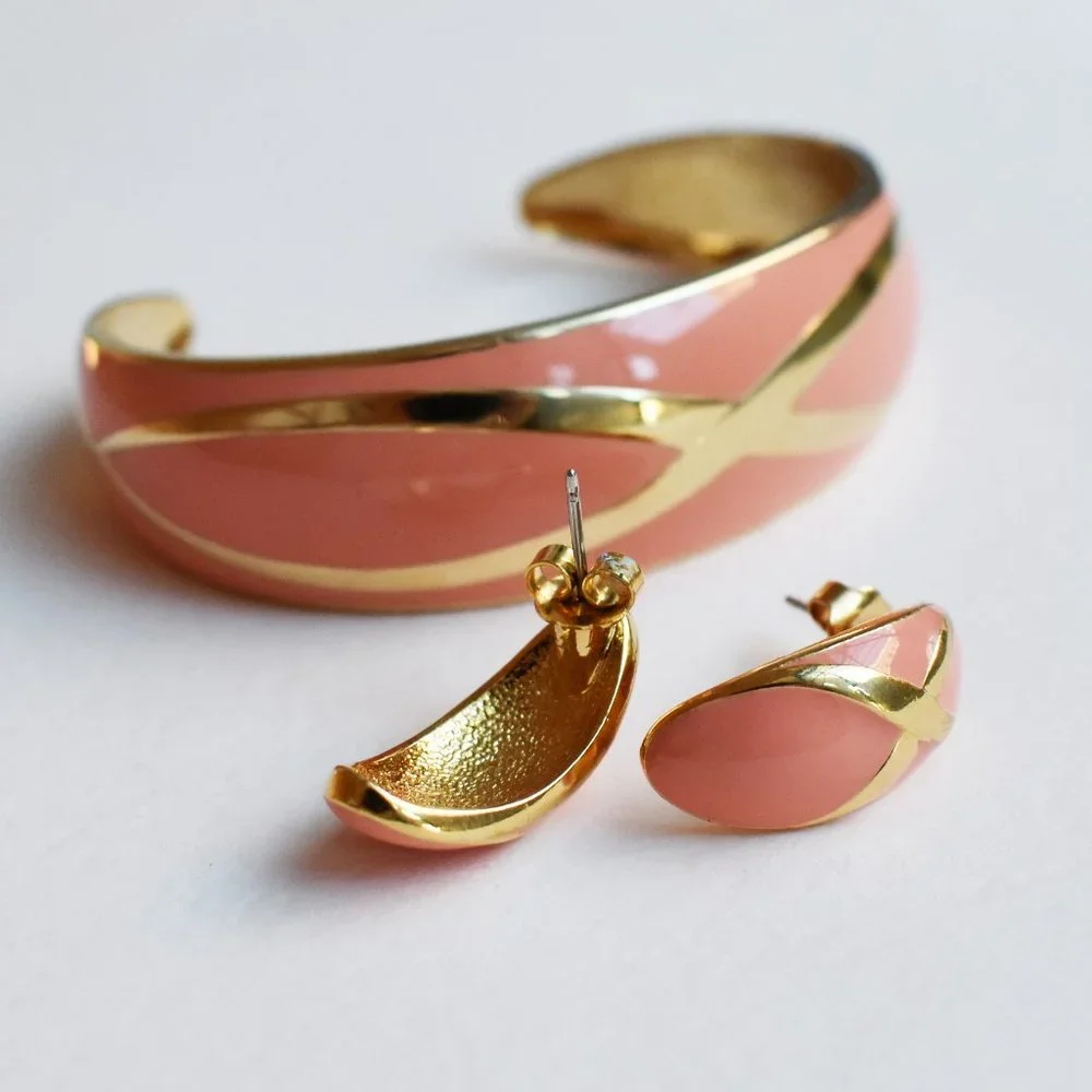 Blush orange enamel stud earrings, cuff bangle bracelet, gold summer jewelry set