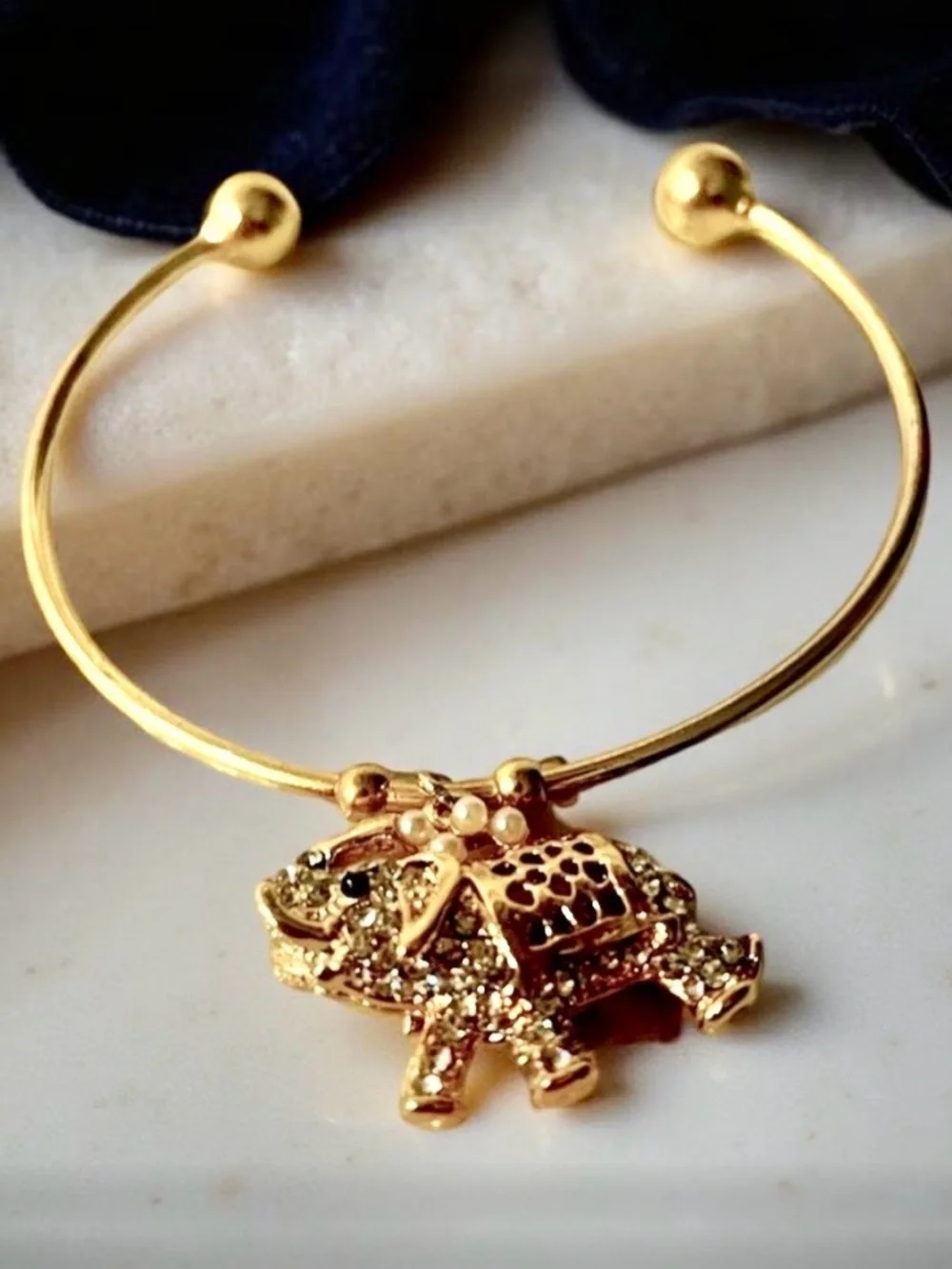 Elephant Charm Gold Tone Cuff Bracelet Rhinestone Pearl Adjustable