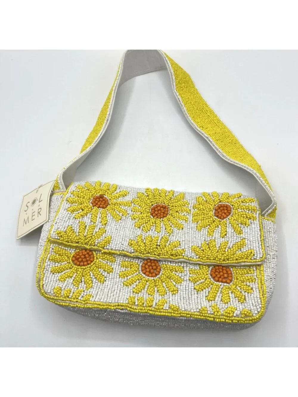SOL and MER Beaded Sunflower Daisy Floral Baguette Bag Purse Yellow NWT Viral