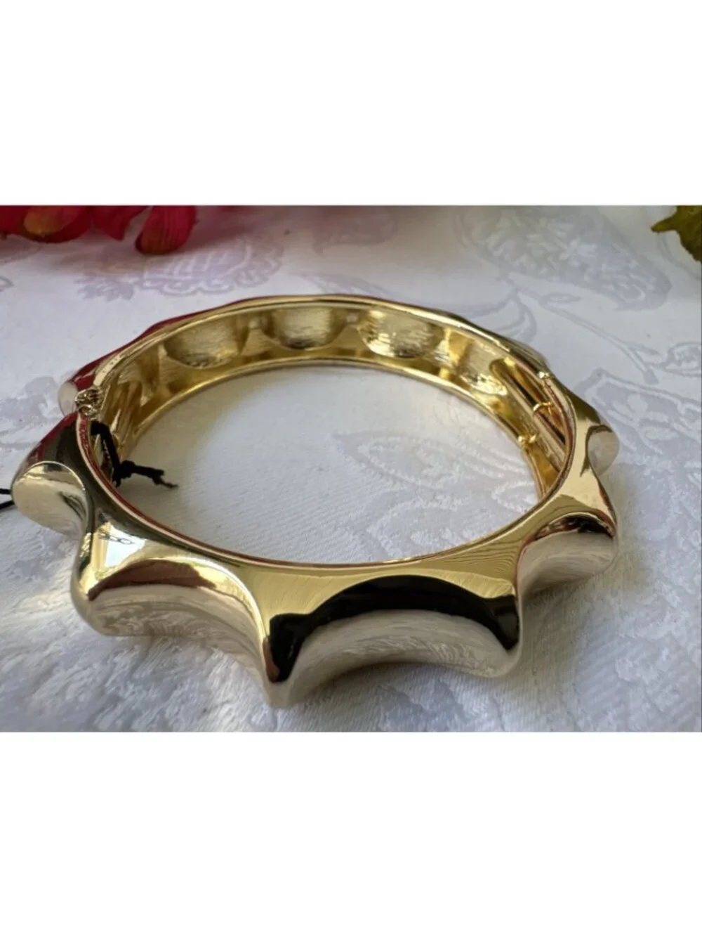 And Lovely Chunky Bracelet Shiny Goldtone Cuff Bangle Hinged 1/2
