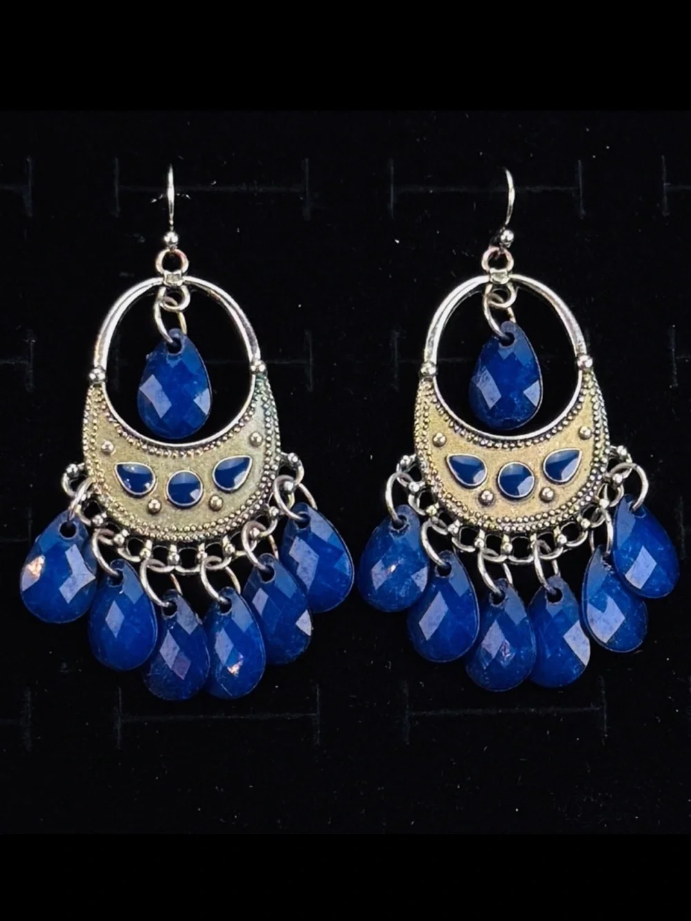Bohemian chic Blue and Silvertone Chandelier pierced dangle Earrings