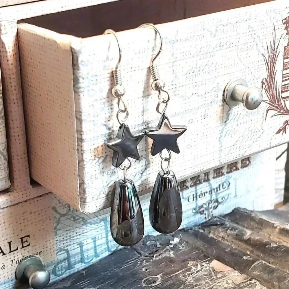 Gunmetal Gray Hematite Stars and Teardrops Gemstone Stainless Steel Earrings