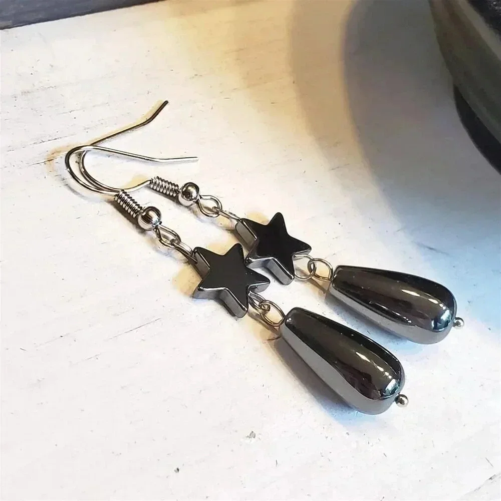 Gunmetal Gray Hematite Stars and Teardrops Gemstone Stainless Steel Earrings