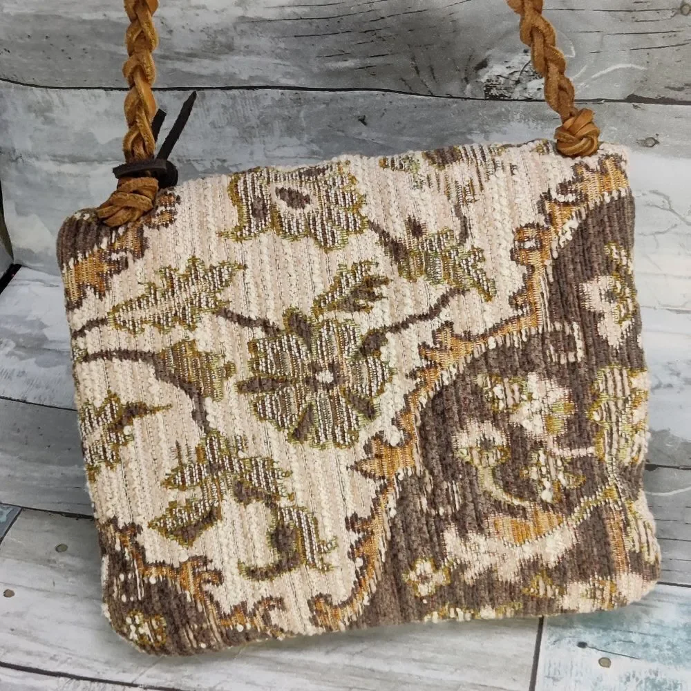 Small boho Crossbody Vintage Fold Over Bag Damask Fabric Braided Leather Strap