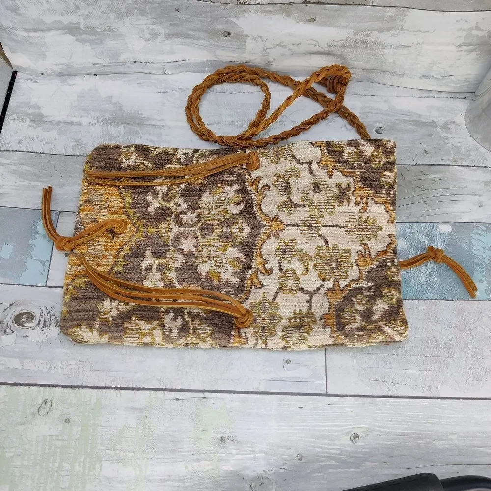 Small boho Crossbody Vintage Fold Over Bag Damask Fabric Braided Leather Strap