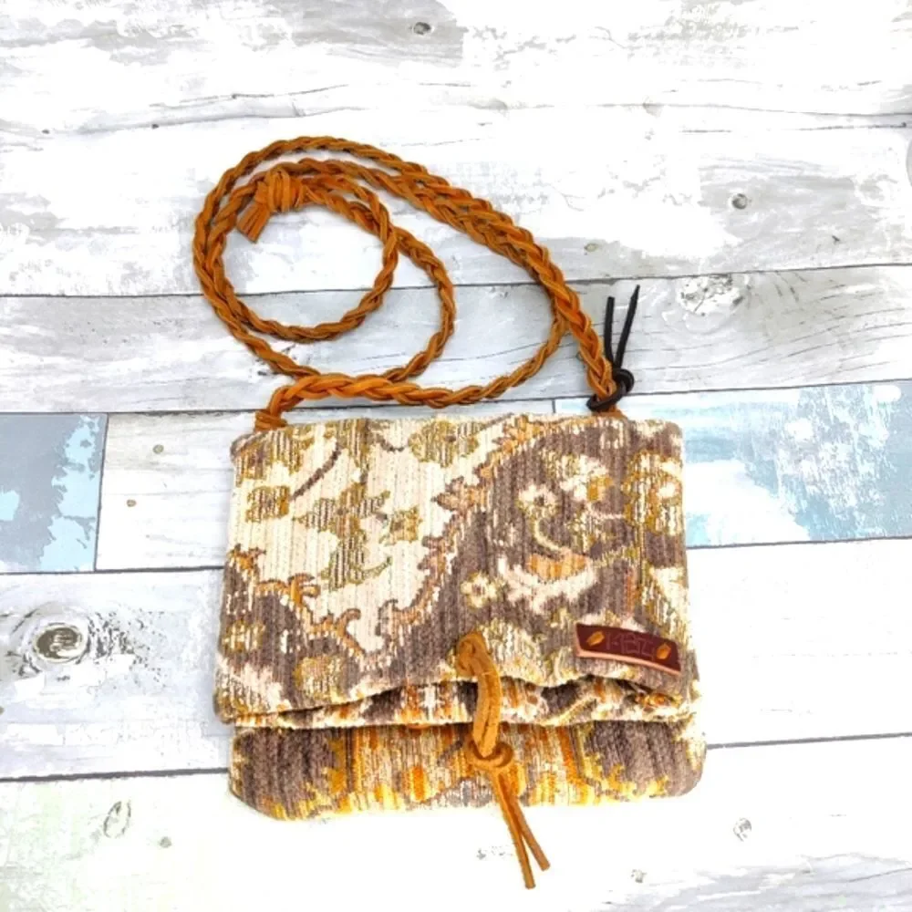 Small boho Crossbody Vintage Fold Over Bag Damask Fabric Braided Leather Strap