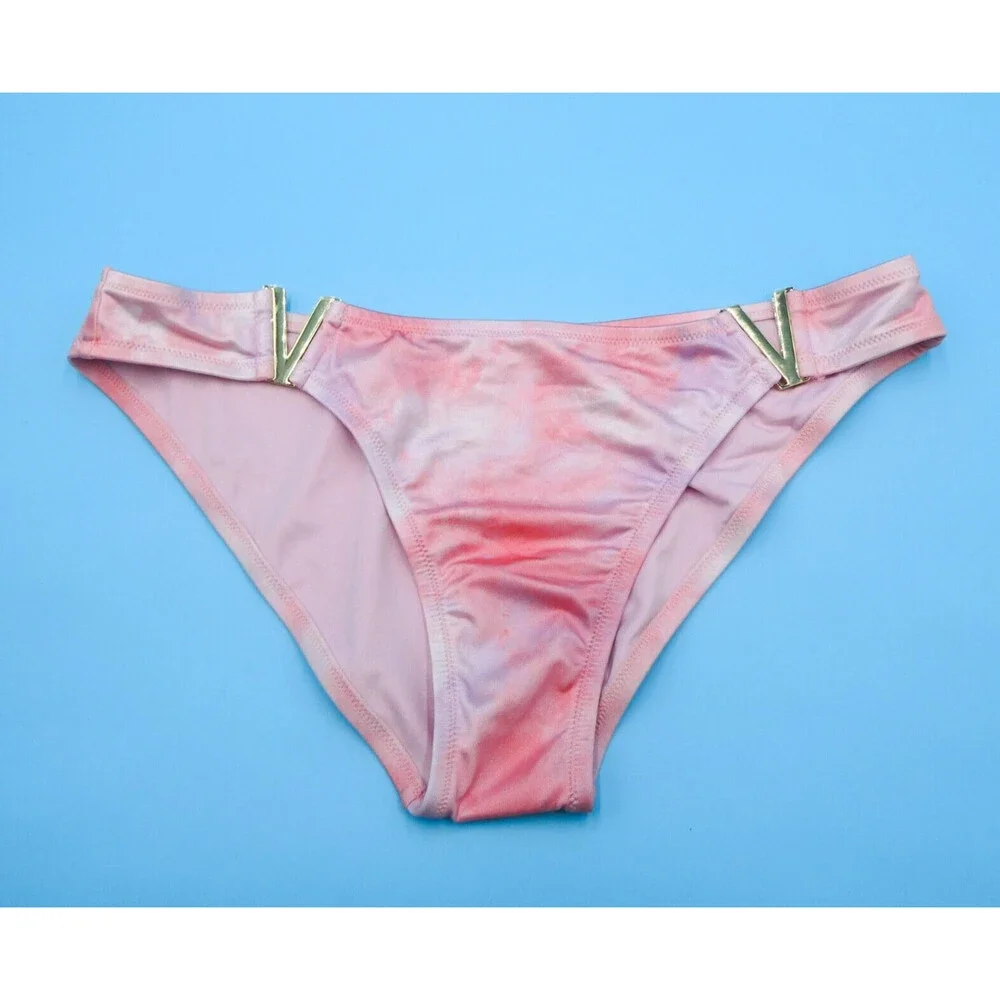 Victorias Secret Large Pink Tie Dye Brazilian Metal V Bikini Bottom Swimwear New