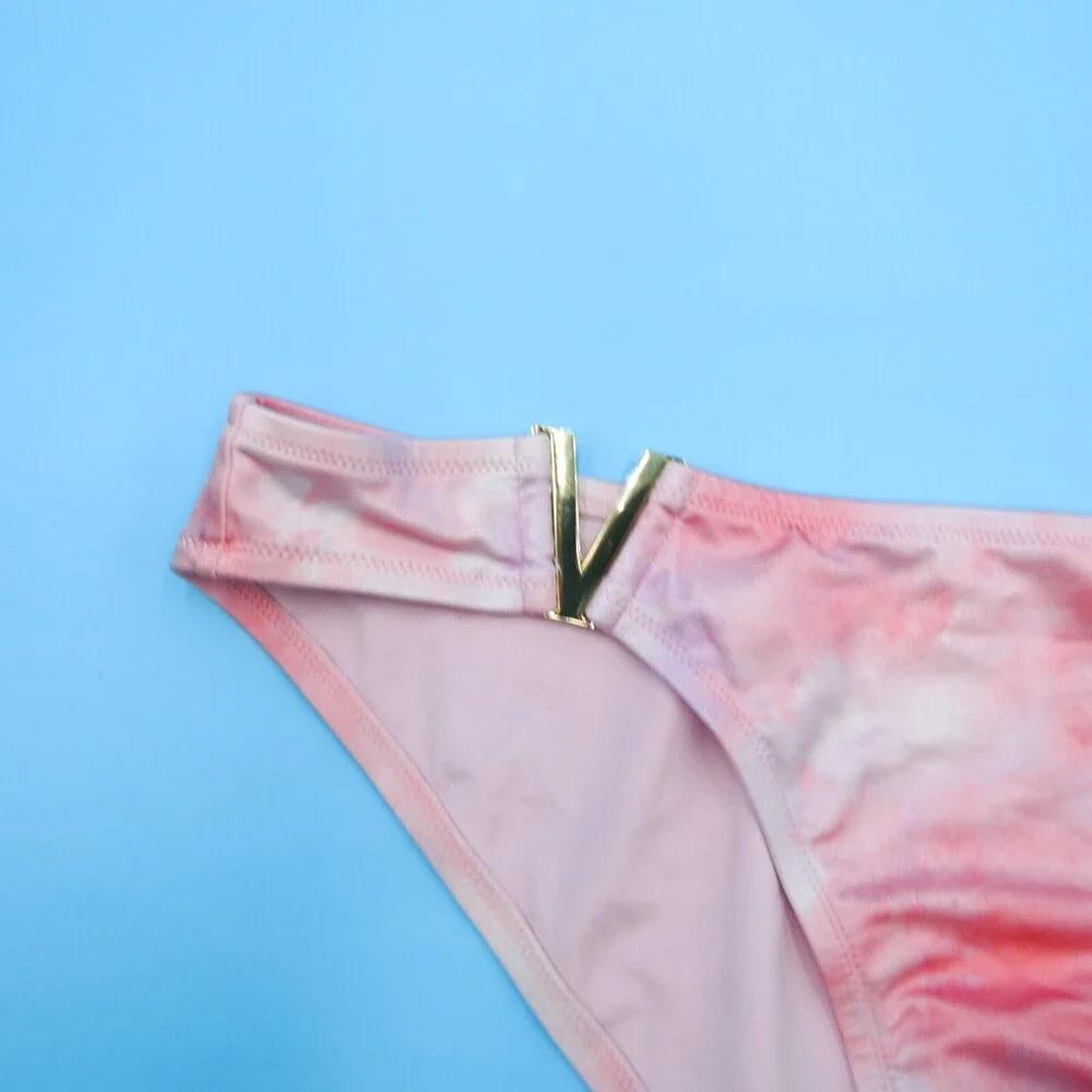 Victorias Secret Large Pink Tie Dye Brazilian Metal V Bikini Bottom Swimwear New