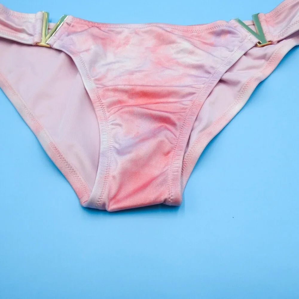 Victorias Secret Large Pink Tie Dye Brazilian Metal V Bikini Bottom Swimwear New