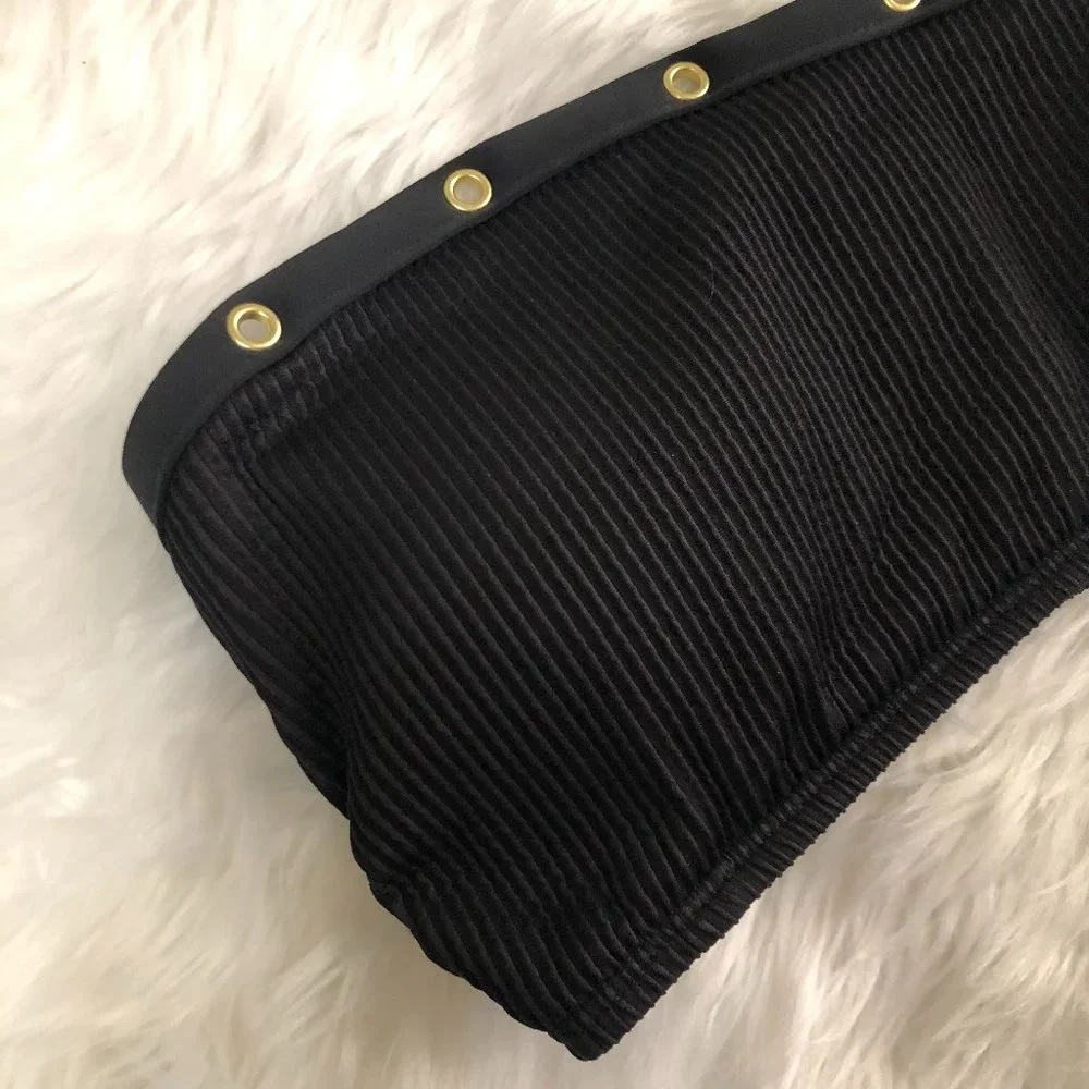 Bar III Black One-Shoulder Ribbed Bikini Top with Gold Studs
