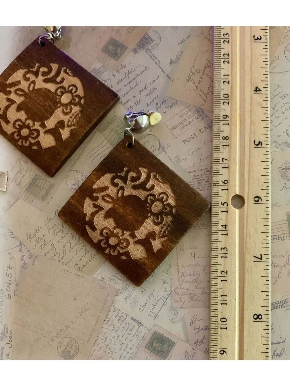 Vintage Bohemian Handcrafted Wooden Square Earrings Floral Carving & Bead Detail