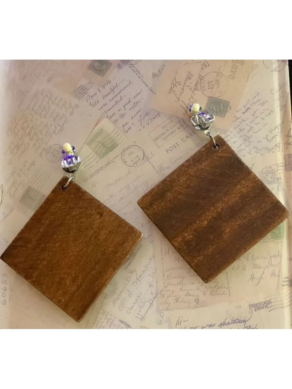 Vintage Bohemian Handcrafted Wooden Square Earrings Floral Carving & Bead Detail