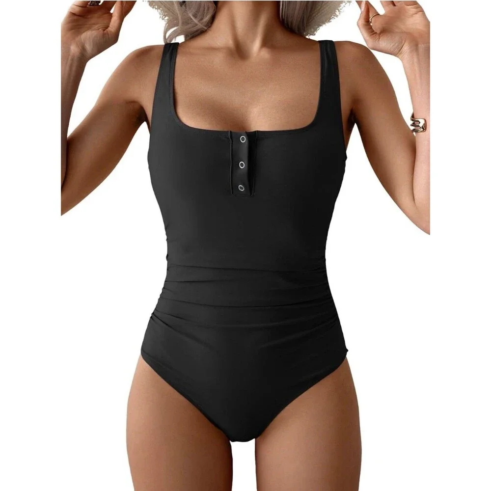 B2PRITY Women's Black One Piece Swimsuit Wide Strap Button Front Ruched, S